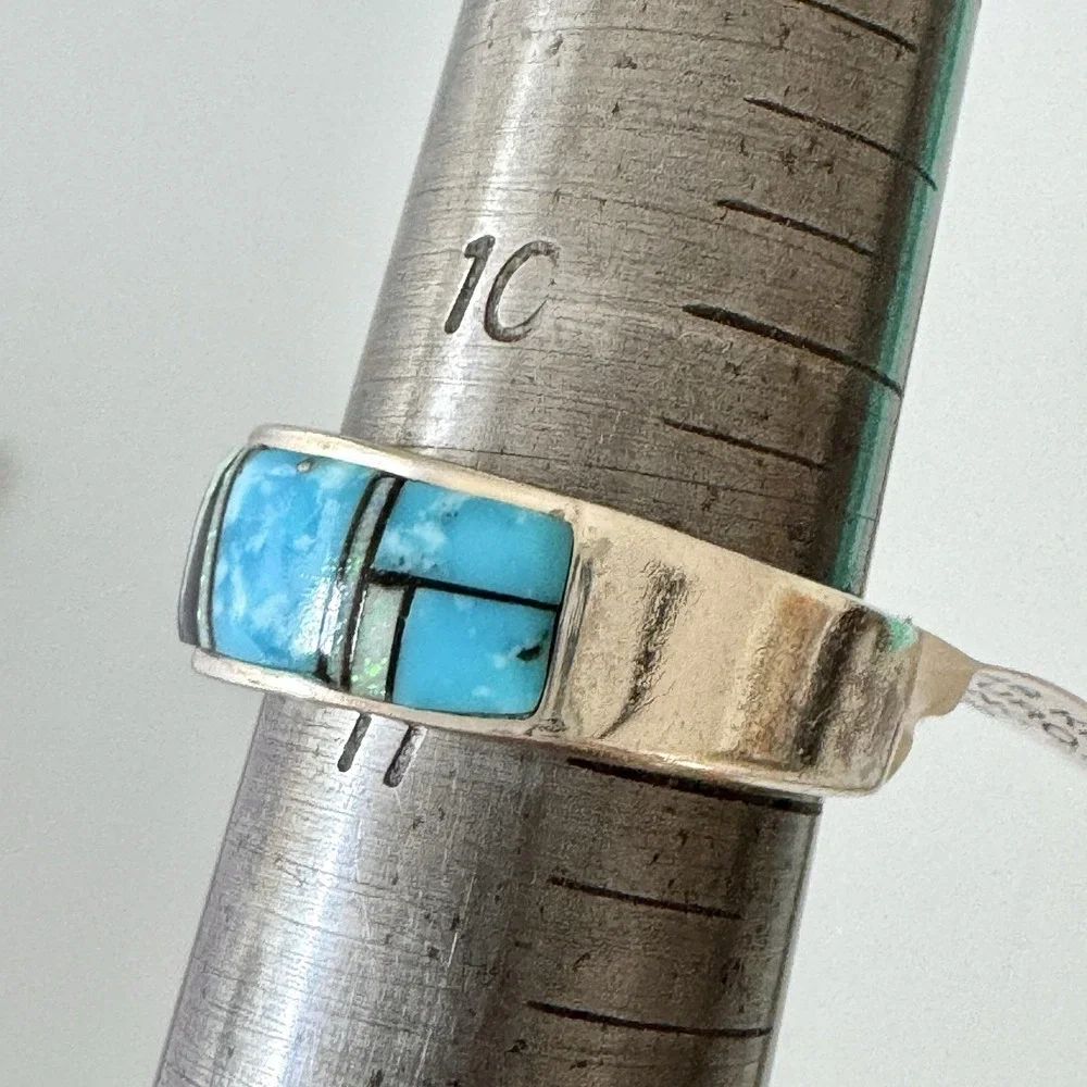 Mens Navajo Wedding Band Sz 10.5 Turquoise Opal Inlay 9mm‎ Ring Unsigned Tolino